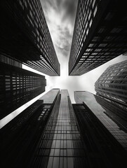 Monochrome Skyscraper Perspective. Worm's-eye view of towering skyscrapers in monochrome.
