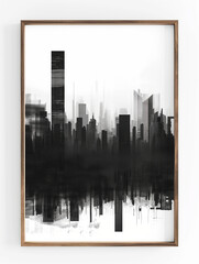 Urban Reflections: Monochrome Cityscape. Artistic monochrome cityscape painting with a reflection effect, framed in wood.