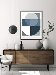 Geometric Serenity: Abstract Art in Modern Interior. Abstract geometric art in a sleek interior, harmonizing minimalism and modernity.