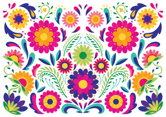Fototapeta na wymiar Mexican flower traditional pattern background. Ethnic embroidery decoration ornament. Flower symmetry texture. Ornate folk graphic, wallpaper. Festive mexican floral motif. Vector illustration