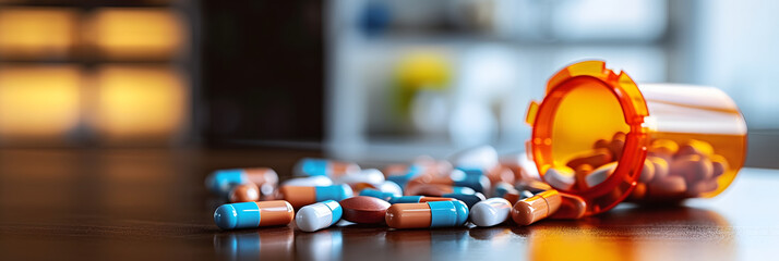 Colorful tablets with capsules and pills on table and defocused home background - obrazy, fototapety, plakaty