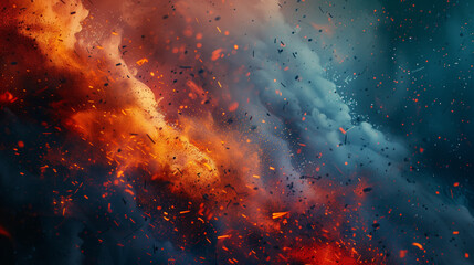Abstract Fiery Explosion with Cool Blue Contrast. An abstract image capturing an intense explosion of fiery particles and embers contrasted with a cool blue atmospheric background. - obrazy, fototapety, plakaty