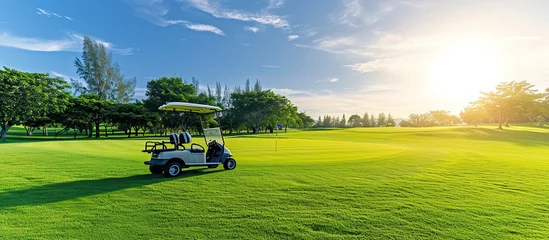 Foto auf Leinwand Golf cart car on the fairway of a golf course with fresh green grass and a sky of clouds and trees © fajar