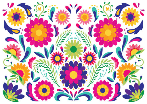 Mexican flower traditional pattern background. Ethnic embroidery decoration ornament. Flower symmetry texture. Ornate folk graphic, wallpaper. Festive mexican floral motif. Vector illustration