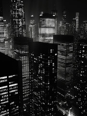 Monochrome Cityscape of Skyscrapers at Night. A dramatic monochrome cityscape at night showcasing the high-rise architecture and dense urban lighting of a bustling metropolis.