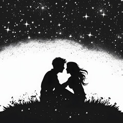 Young couple sharing a romantic moment under the stars isolated on white background, text area, png
