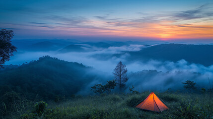 Illuminated Tent at Sunrise in Misty Hills