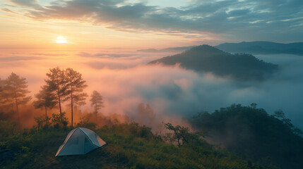Sunrise Over Misty Mountains with Tent