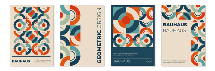 Trendy bauhaus pattern backgrounds set with primitive shapes elements. Modern abstract geometric cover templates for magazine, journal or album creative art cover, brochures, posters, branding, social