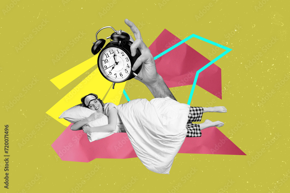 Sticker 3d retro abstract creative artwork template collage of funny female sleeping hand hold clock timer weird freak bizarre unusual fantasy