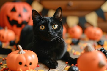 A playful shot of a mischievous black cat surrounded by Halloween decorations