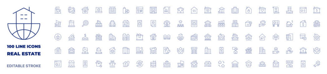 100 icons Real estate collection. Thin line icon. Editable stroke. Real estate icons for web and mobile app. - obrazy, fototapety, plakaty
