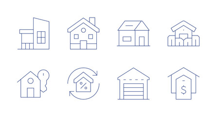 Real estate icons. Editable stroke. Containing house, buyhome, home, refinance, garage.