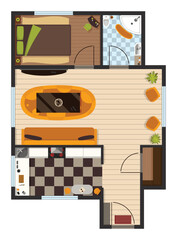 Interior plan in color. Detailed apartment furniture overhead top view. Room in flat style. House floor design project