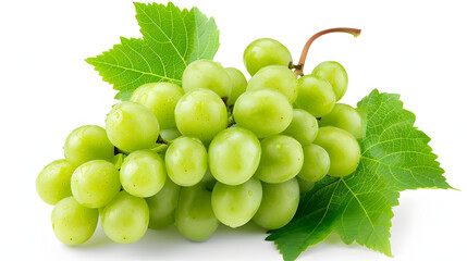 Green grape with leaves isolated on white. With clipping path.  - obrazy, fototapety, plakaty