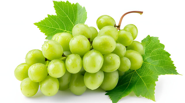 Green grape with leaves isolated on white. With clipping path. 