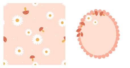 Naklejka premium Seamless pattern with daisy flower and red mushroom on orange background vector illustration. Oval shape sign isolated on white background.