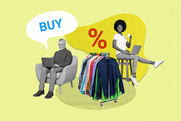 Creative trend collage of retired man female wardrobe clothes sales shopping discount eshop concept weird freak bizarre unusual fantasy