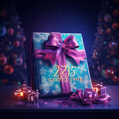 2025 with Gift Box. Merry Christmas and Happy New Year 2025 greeting card. Holyday decorative elements for Poster, banner, cover card, brochure, flyer, layout design