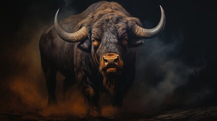 Painting of a Bison With Majestic Horns. On a black background. Generative AI.