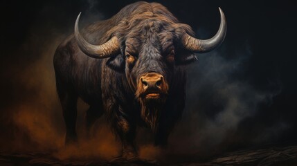 Obraz premium Painting of a Bison With Majestic Horns. On a black background. Generative AI.