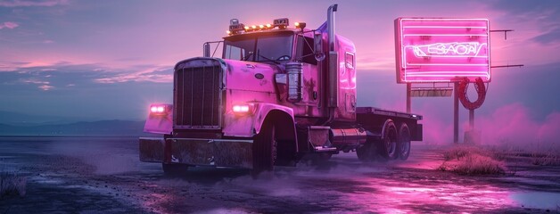 A truck is depicted driving along the road at night, its presence illuminated by the glow of streetlights. - obrazy, fototapety, plakaty