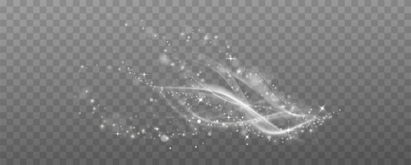 White magic spiral swirl line with dust.Light effect.Bright flash with wind curve on transparent background.Flying particles.Magic spiral, twisting effect with stars. - obrazy, fototapety, plakaty