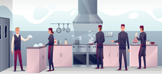 People cooking in restaurant kitchen. Professional chef with crew preparing food, waiter with serving plate vector illustration. Horizontal panorama, culinary room interior background