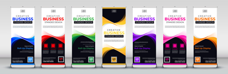 vertical business creative roll up Banner Design for Street Business, meetings, events, presentations, annual events, exhibitions in blue, red, green, yellow, purple, pink and orange