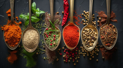 Assorted spices in spoons on a dark backdrop.