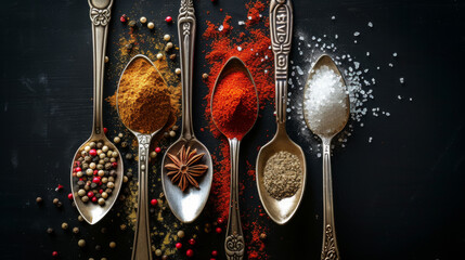 Assorted spices in spoons on a dark backdrop.