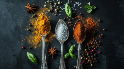 Assorted spices in spoons on a dark backdrop.