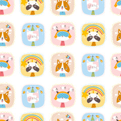 Cute animals seamless pattern. Portraits of a cat, raccoon, dog and fox. Vector cartoon characters in simple hand-drawn Scandinavian style. Ideal for decorating a nursery and printing on baby clothes.