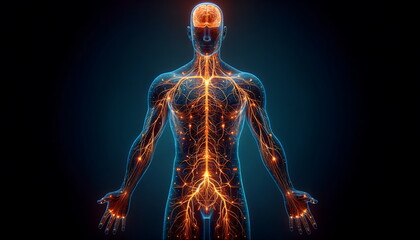 Medical technology concept. Electronic medical record. Holographic with the shape of a human body equipped with a nervous system. - obrazy, fototapety, plakaty