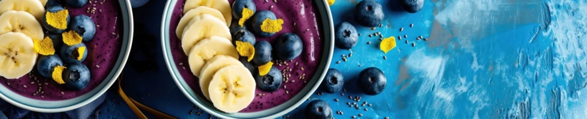 Papier Peint photo Lavable Abeille Freshly prepared acai bowls decorated with sliced bananas, blueberries, and a sprinkle of bee pollen, tropical background