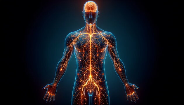 Medical technology concept. Electronic medical record. Holographic with the shape of a human body equipped with a nervous system.