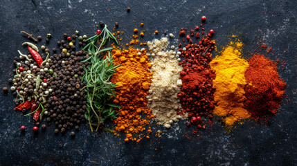 Top view of piles of colourful spices on a slate background. - obrazy, fototapety, plakaty