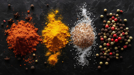Top view of vibrant assortment of spices on a dark textured background.