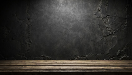 empty wooden table grungy black wall background