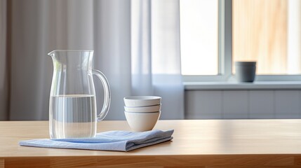 Fototapeta na wymiar A jug of water glasses on a tabletop tea towel on simple background