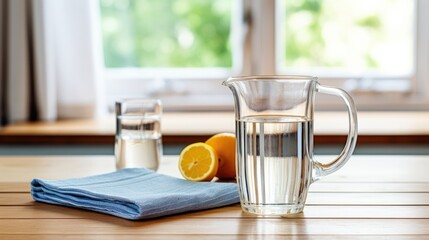 A jug of water glasses on tabletop tea towel on a simple background