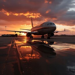 Sky over airport with sunset and clouds on the runway