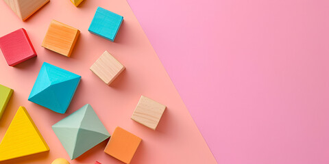 Photo of colored wooden cubes in Montessori style for children's development to the left of the center of the composition on a colored background, copy space - Powered by Adobe