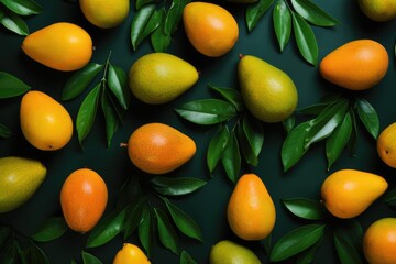 Mango fruit and leaf pattern background. Overhead view.