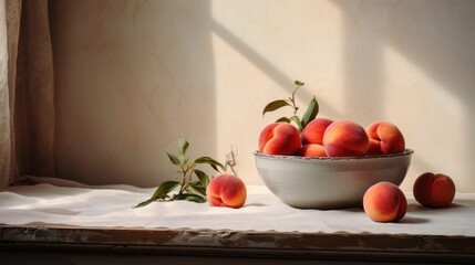 A bowl of peaches on a window sill