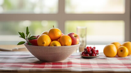 Obraz na płótnie Canvas A bowl of fruits on a tabletop tea towel on simple minimal background