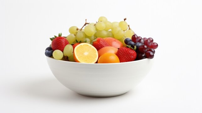 A bowl of fruit white bowl photo-realistic on a white background