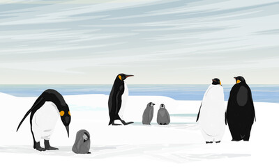 A flock of emperor penguins with chicks stands on the ocean shore. Birds of the South Poles. Realistic vector landscape