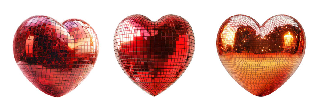 Set of red mirror disco hearts made from small red mirror squares.