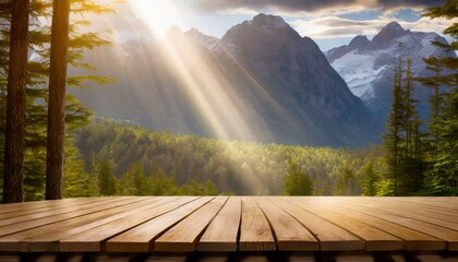 View of a mountain scenery in nature from a cottage. Empty wooden desk with a beam of light for product showcase, display